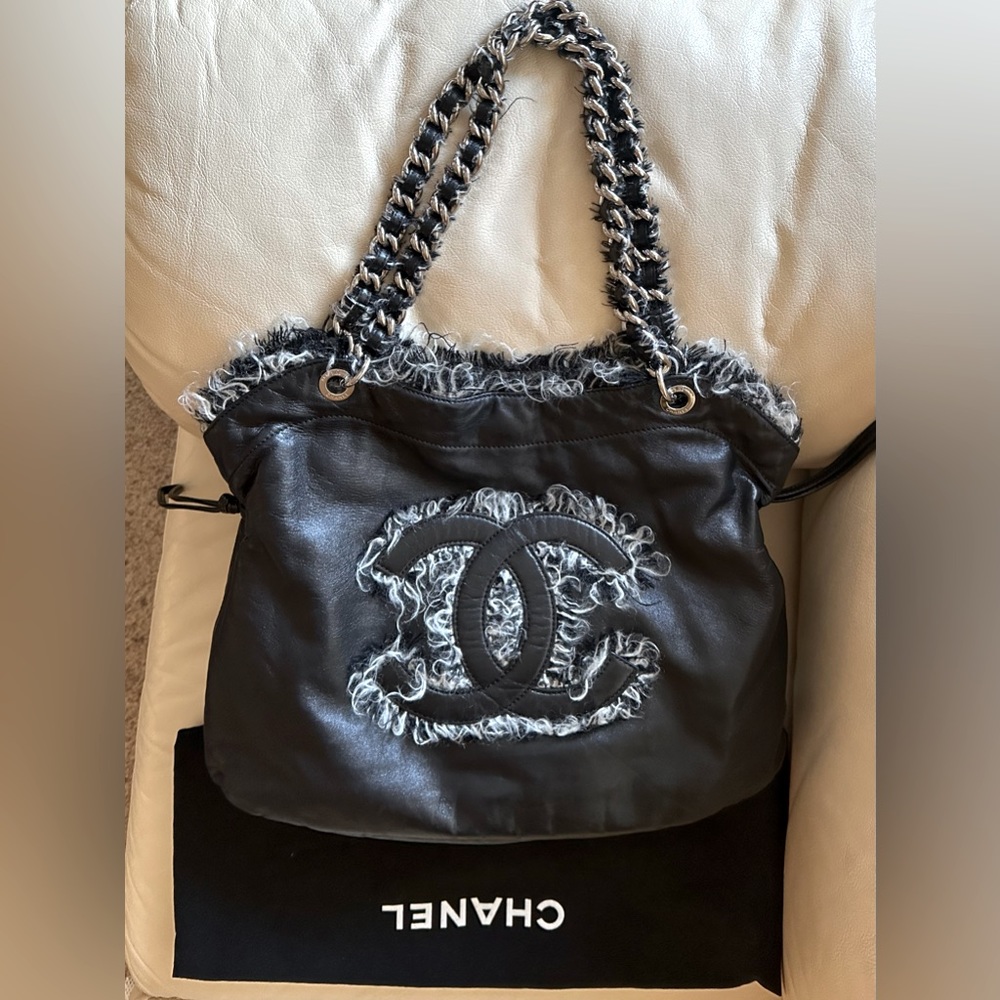 Chanel Funny Tweed Bon Bon Large Lambskin Black Tote.